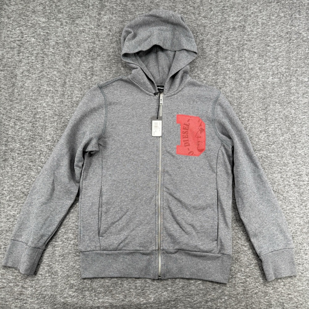 Diesel Kids Solfi Zip Hoodie Youth 14Y Heathered Gray Red D Logo Sweatshirt NWT